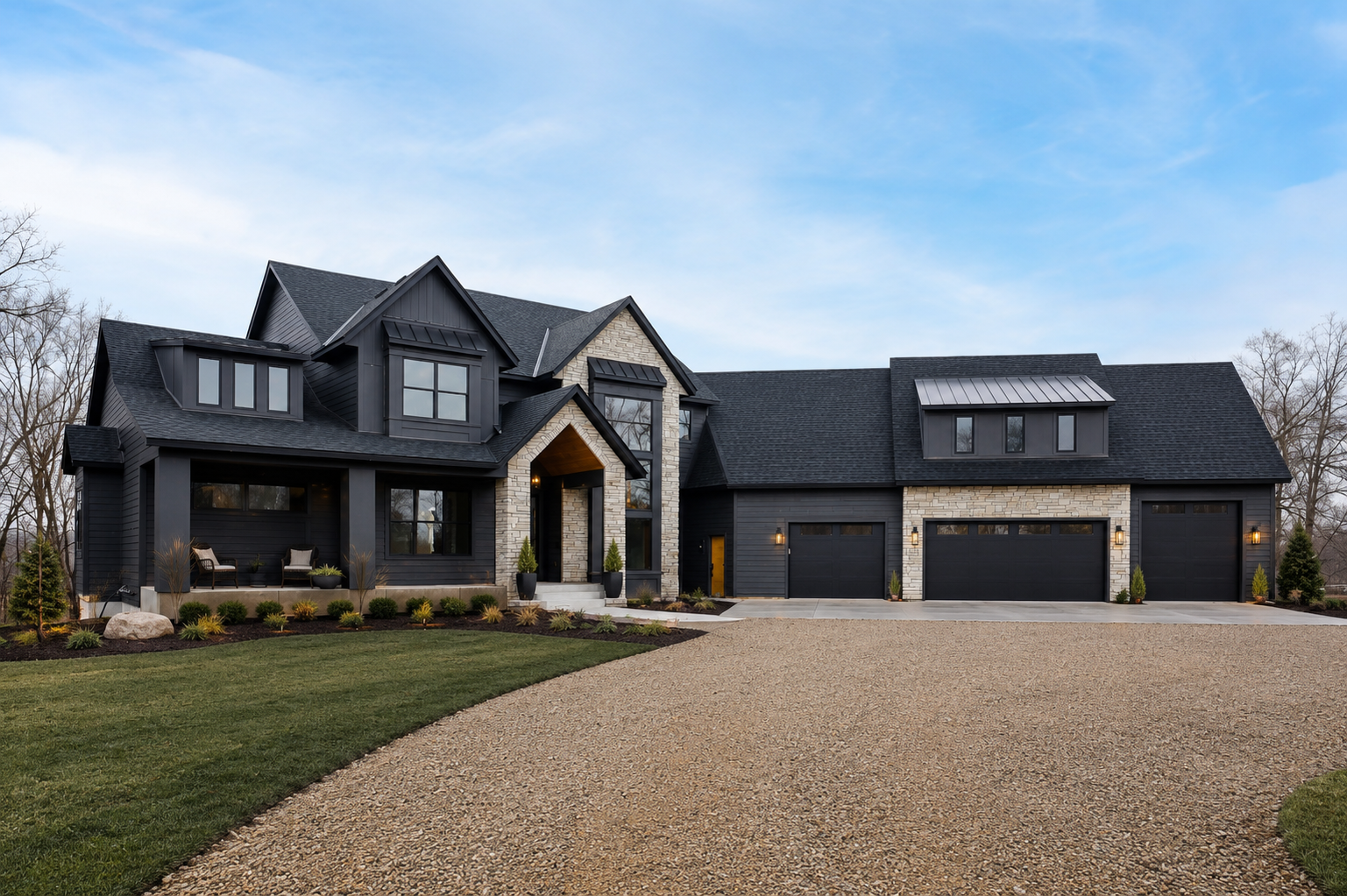 A dark modern farmhouse custom home by JPC with stone entry and three-car garage at dusk