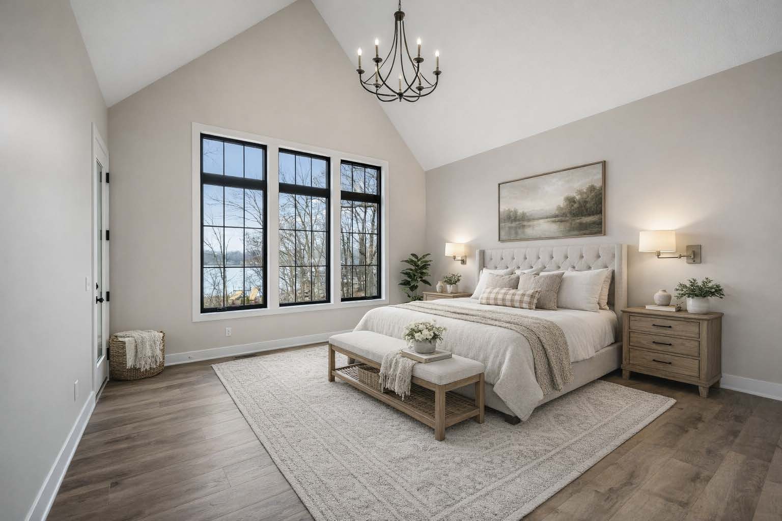 Vaulted primary bedroom with chandelier and lake-view windows — The Sylvia
